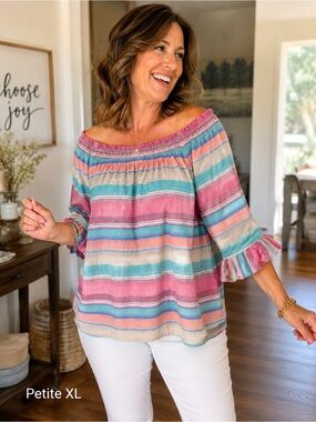 Westbound Colorful Striped Off-Shoulder Peasant Blouse Petite XL